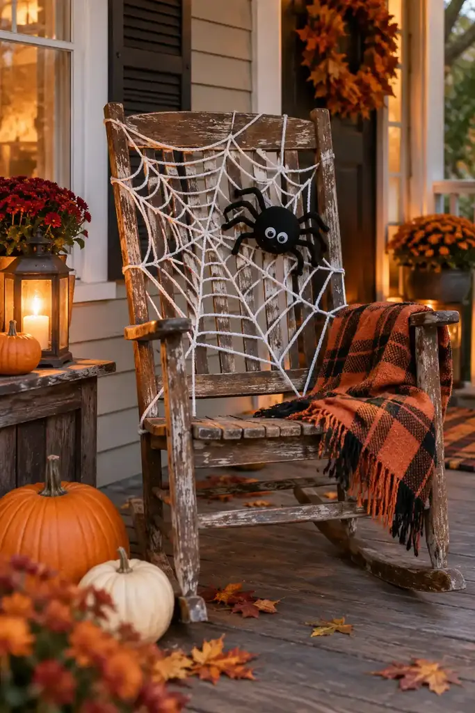 Vintage porch rocking chair with a white yarn web and a black fabric spider
