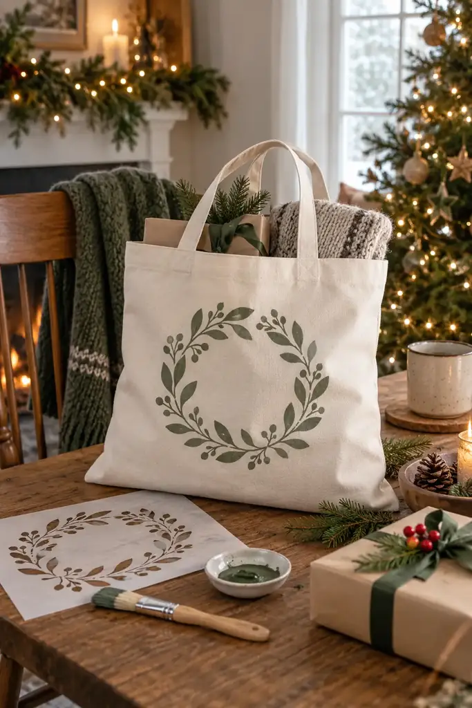 Cotton canvas tote stenciled with a green leaf wreath beside a paper stencil and brush