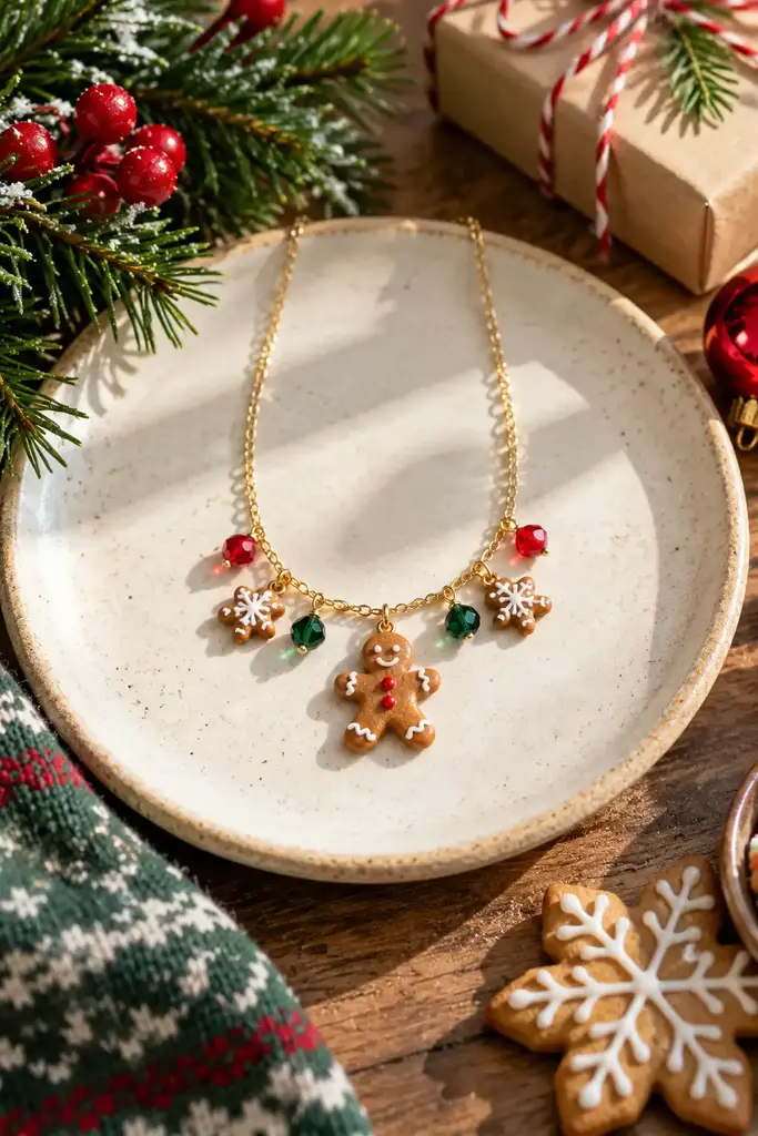 Tiny gingerbread charm necklace