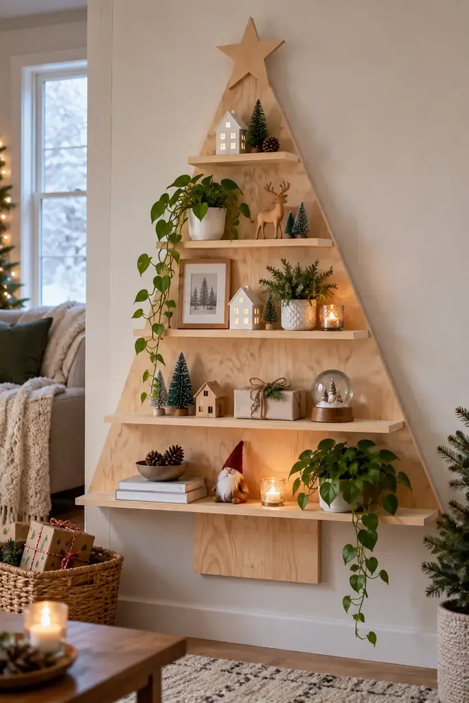 A plywood tree outline has horizontal shelves holding small houses, plants and ornaments