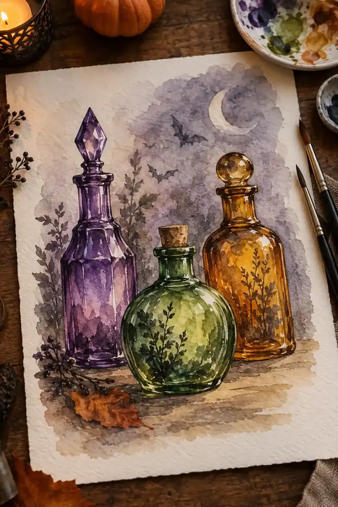 Watercolor still life of purple, green and amber potion bottles with soft reflections