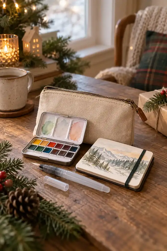 Travel watercolor palette, water brush pens and a pocket sketchbook beside a canvas pouch
