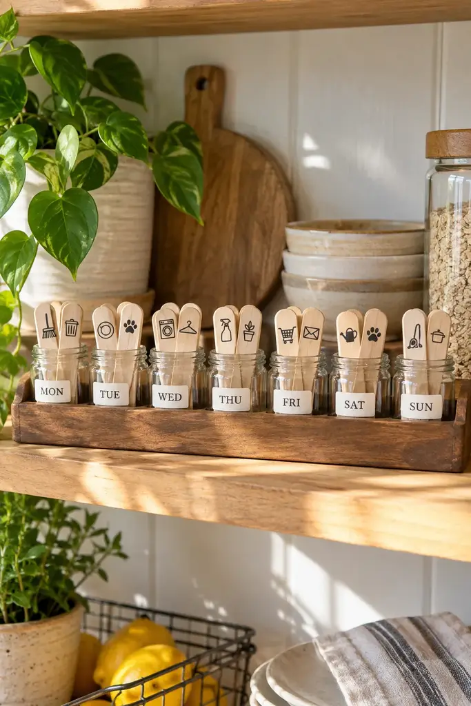Seven mini glass chore jars labeled Monday to Sunday in a long wooden holder on a kitchen shelf