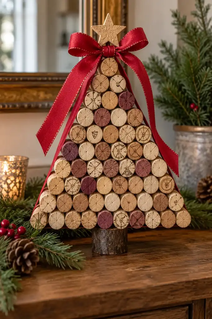 Circular cork ends form a flat tree shape above a short trunk