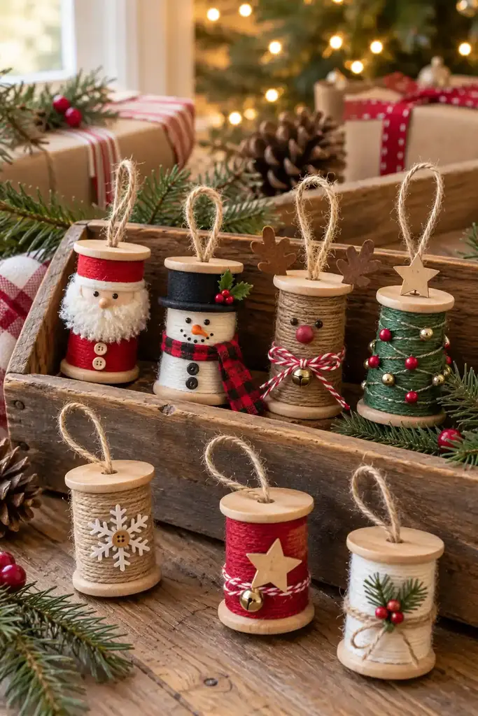 Painted wood spool snowman ornaments