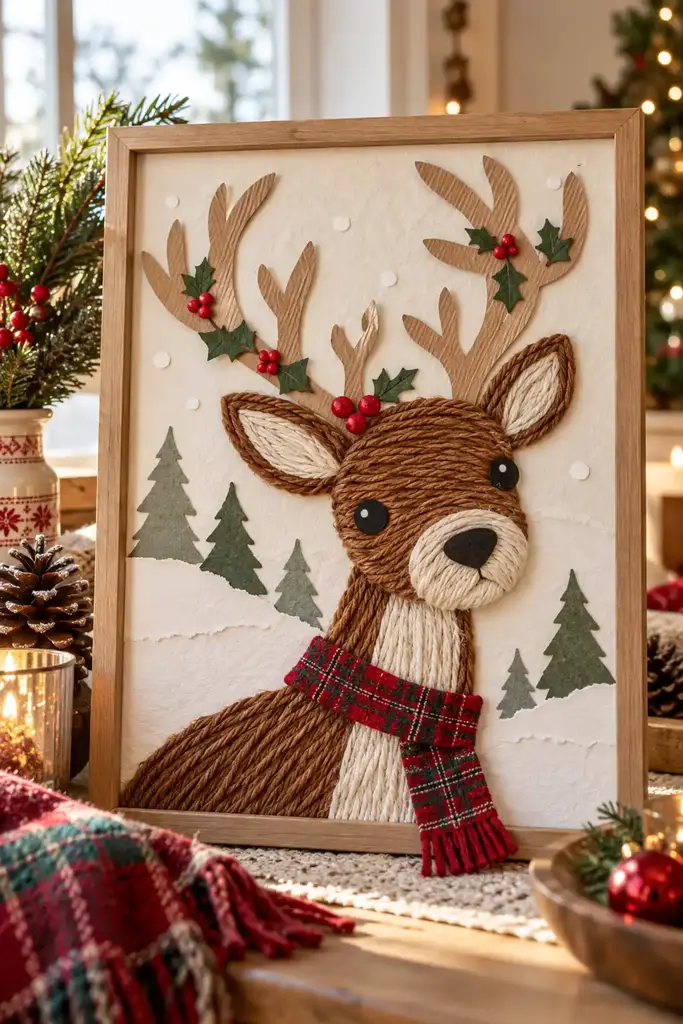 Yarn and paper reindeer collage