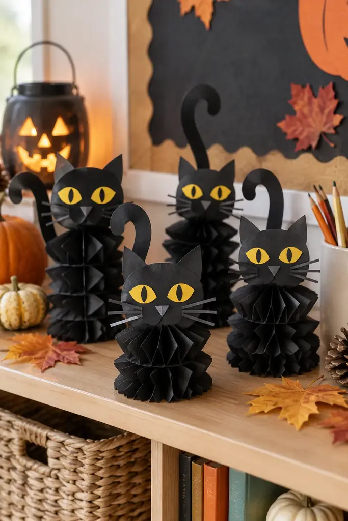 Black accordion folded paper cats with curved tails and yellow eyes on a classroom shelf