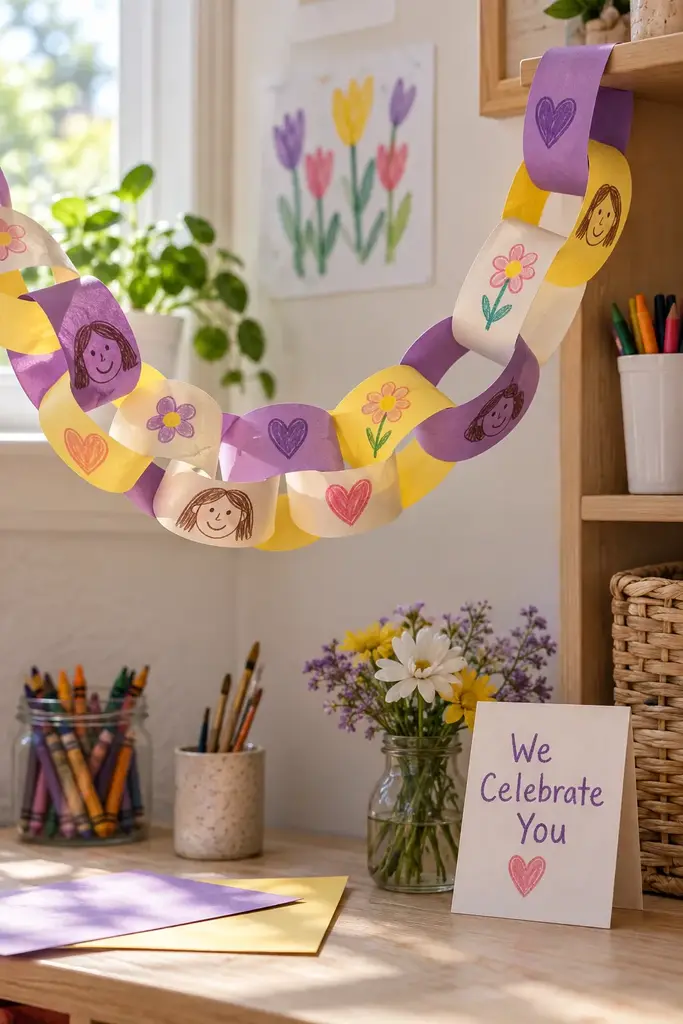 Women's Day kindness paper chain with purple, yellow and cream loops and child drawn hearts