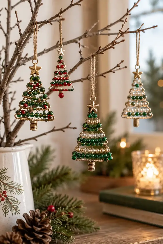 Green, red and gold beads follow triangular wire outlines hanging from bare branches