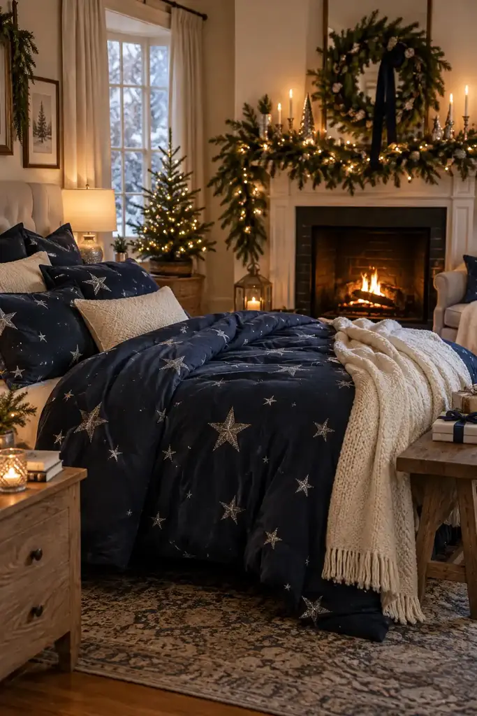 Christmas bedroom ideas, navy bedding with silver stars