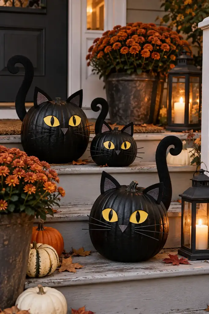 Painted black pumpkins with felt cat ears, yellow eyes and curled cardboard tails on porch steps