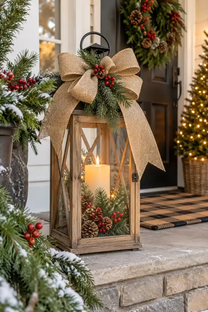 Burlap bow on a porch lantern