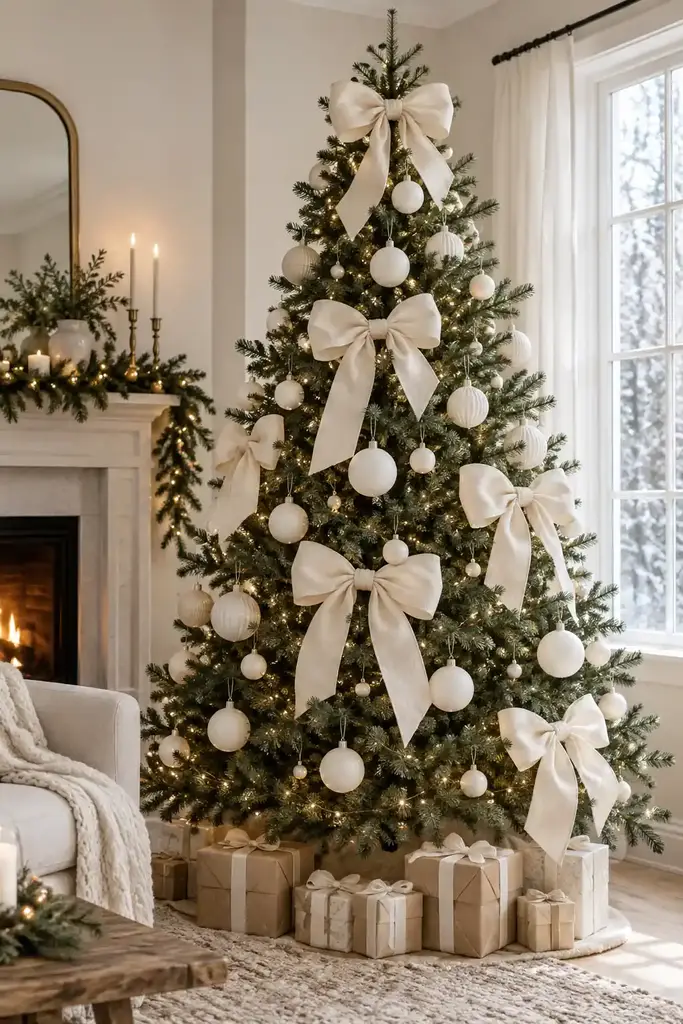 Large ivory bows repeat down the tree between matte white baubles