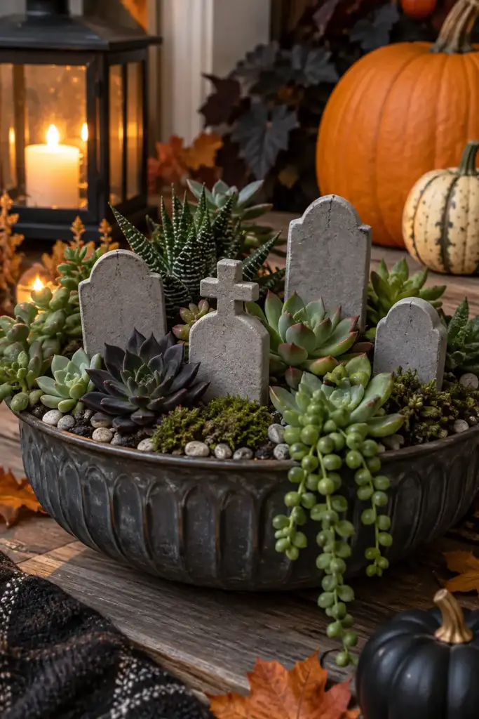 Small gray clay tombstone plant markers in a succulent tray