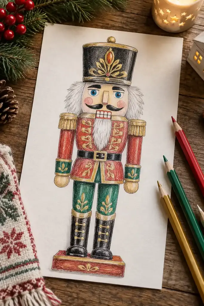 A nutcracker soldier has a tall black hat, red coat and green trouser panels