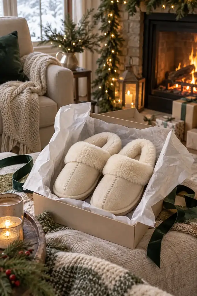 Cream shearling lined slippers in a tissue lined gift box