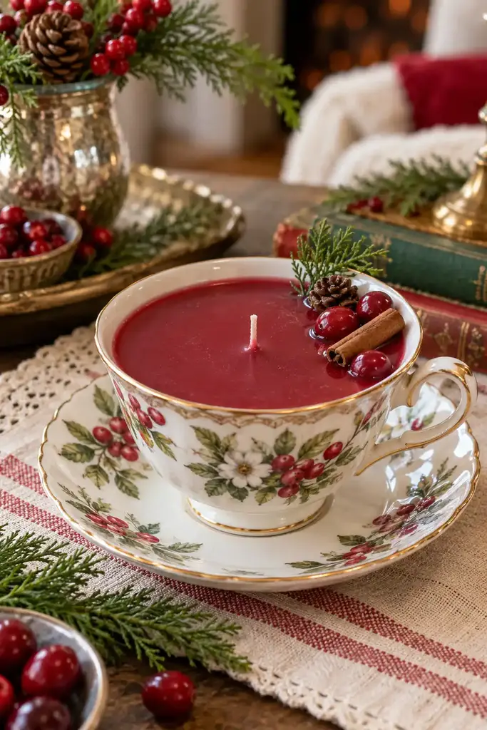 Cranberry wax candle in a teacup