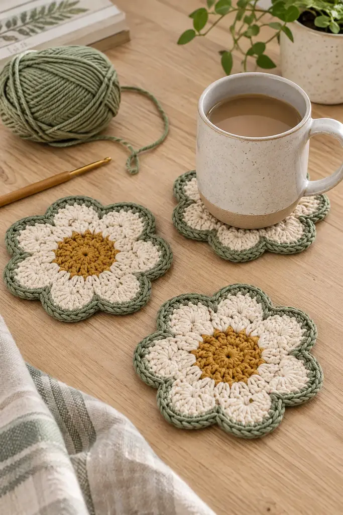 Hand crocheted flower shaped coasters in cream, mustard and sage yarn beneath a ceramic mug