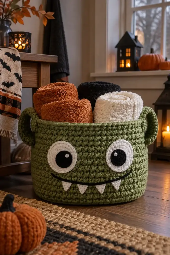Green crocheted monster basket with big stitched eyes holding rolled towels