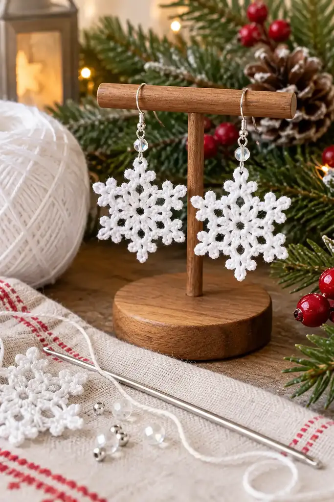 Crochet white snowflake drop earrings