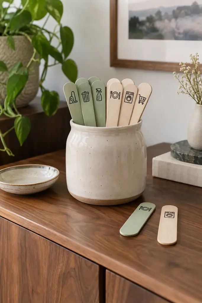 Cream ceramic chore jar for couples with two colors of task sticks on a walnut sideboard