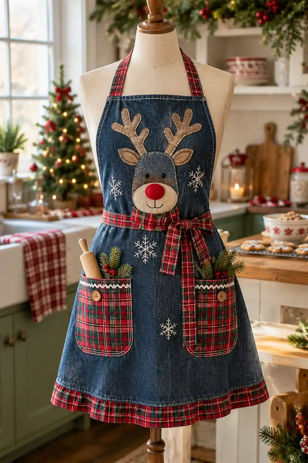 Denim Reindeer Applique Christmas apron ideas