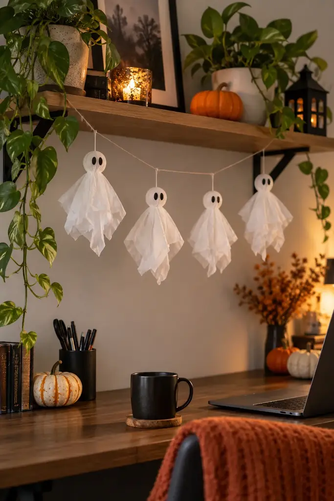 Small tissue paper ghosts hanging beneath an office wall shelf with plants