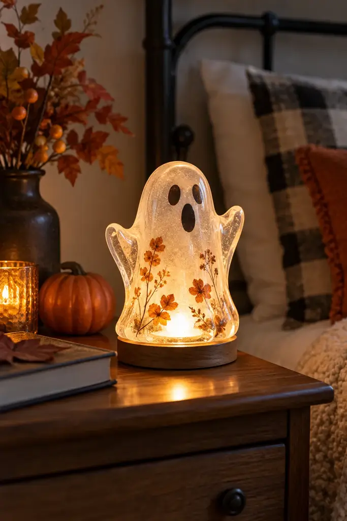 Translucent resin ghost shaped nightlight glowing on an LED base on a bedside table