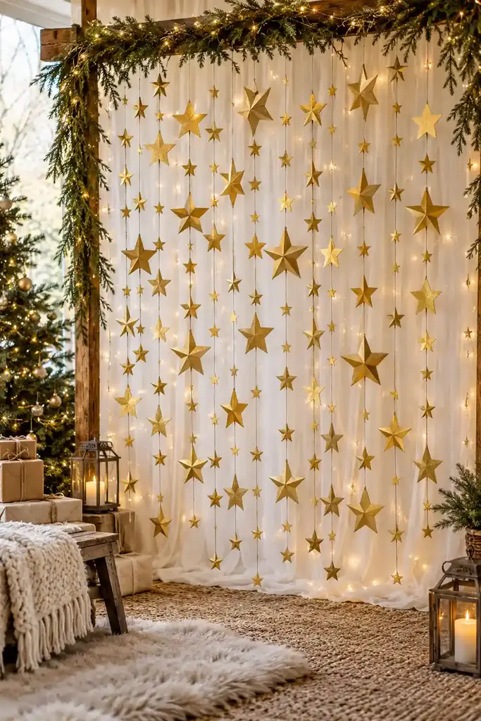 Gold stars suspended Christmas backdrop