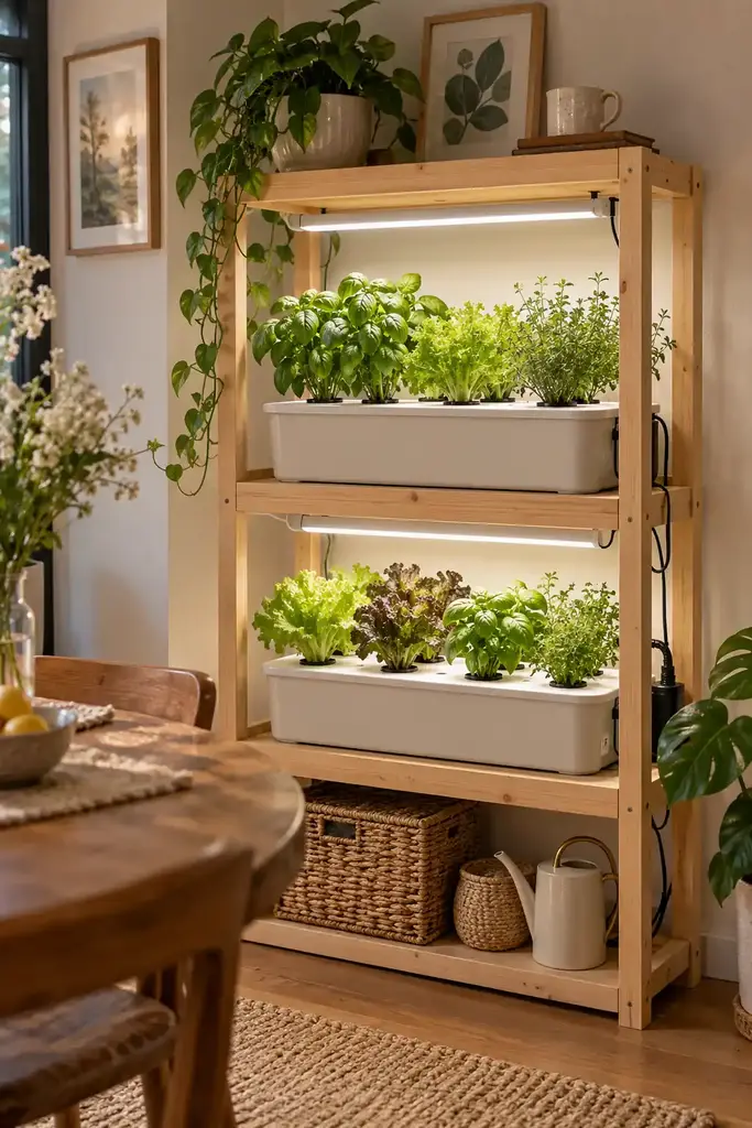 Indoor DIY hydroponic system on a three tier wood shelf with LED grow lights over reservoirs of leafy herbs