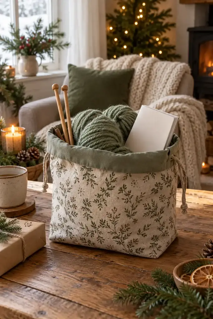 Floral fabric project bag with sage green yarn, wooden knitting needles and a pattern booklet