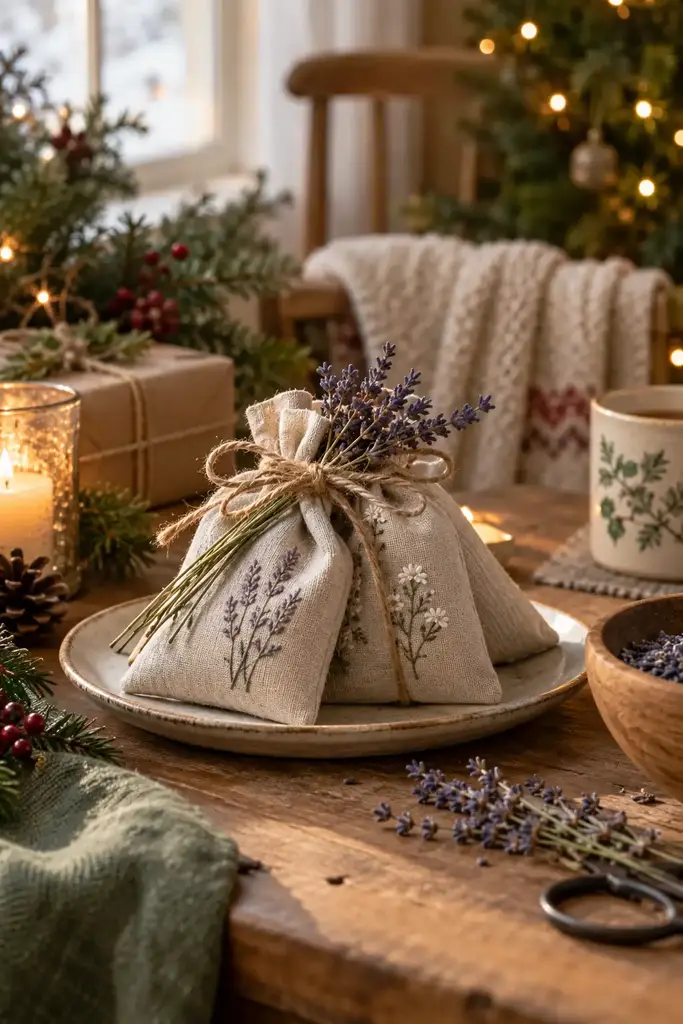 Linen lavender sachets embroidered with small lavender sprigs and tied with twine on a plate