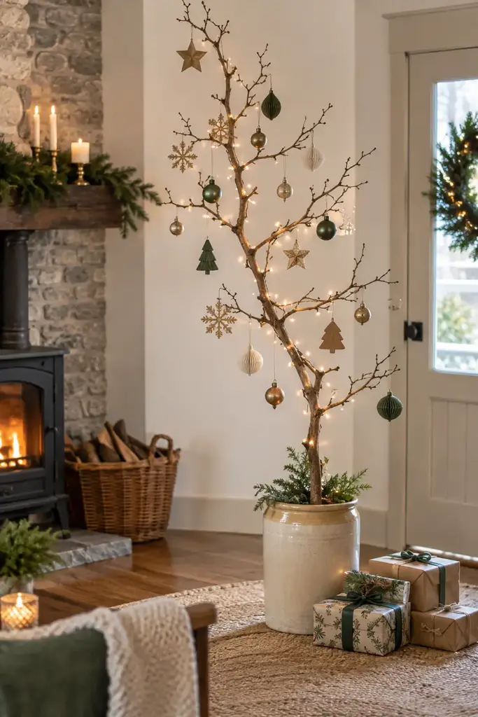 A tall bare branch holds green baubles, pale stars and string lights