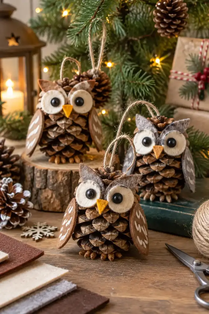 Pinecone owls have felt wings, large pale eyes and twine hanging loops