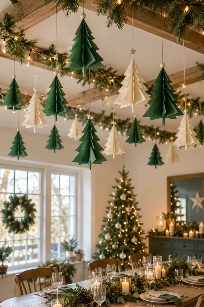 Green and cream paper trees hang at varied heights above the table