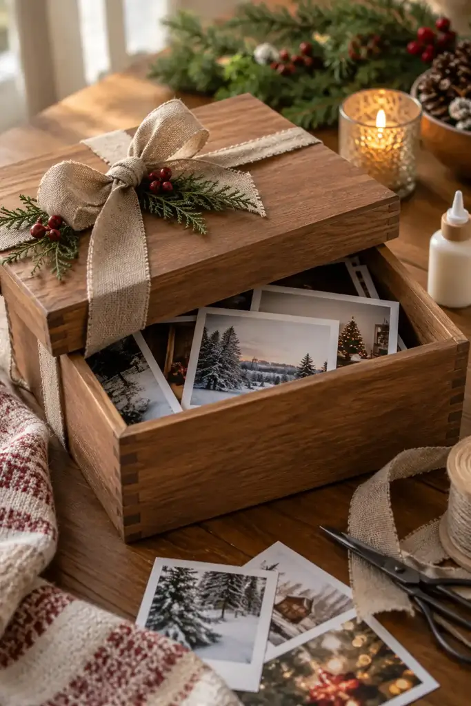 Wooden memory box filled with printed family photos beside scattered prints and scissors