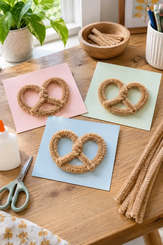 Preschool pretzel craft with tan pipe cleaners twisted into three hole pretzel shapes on pastel cards