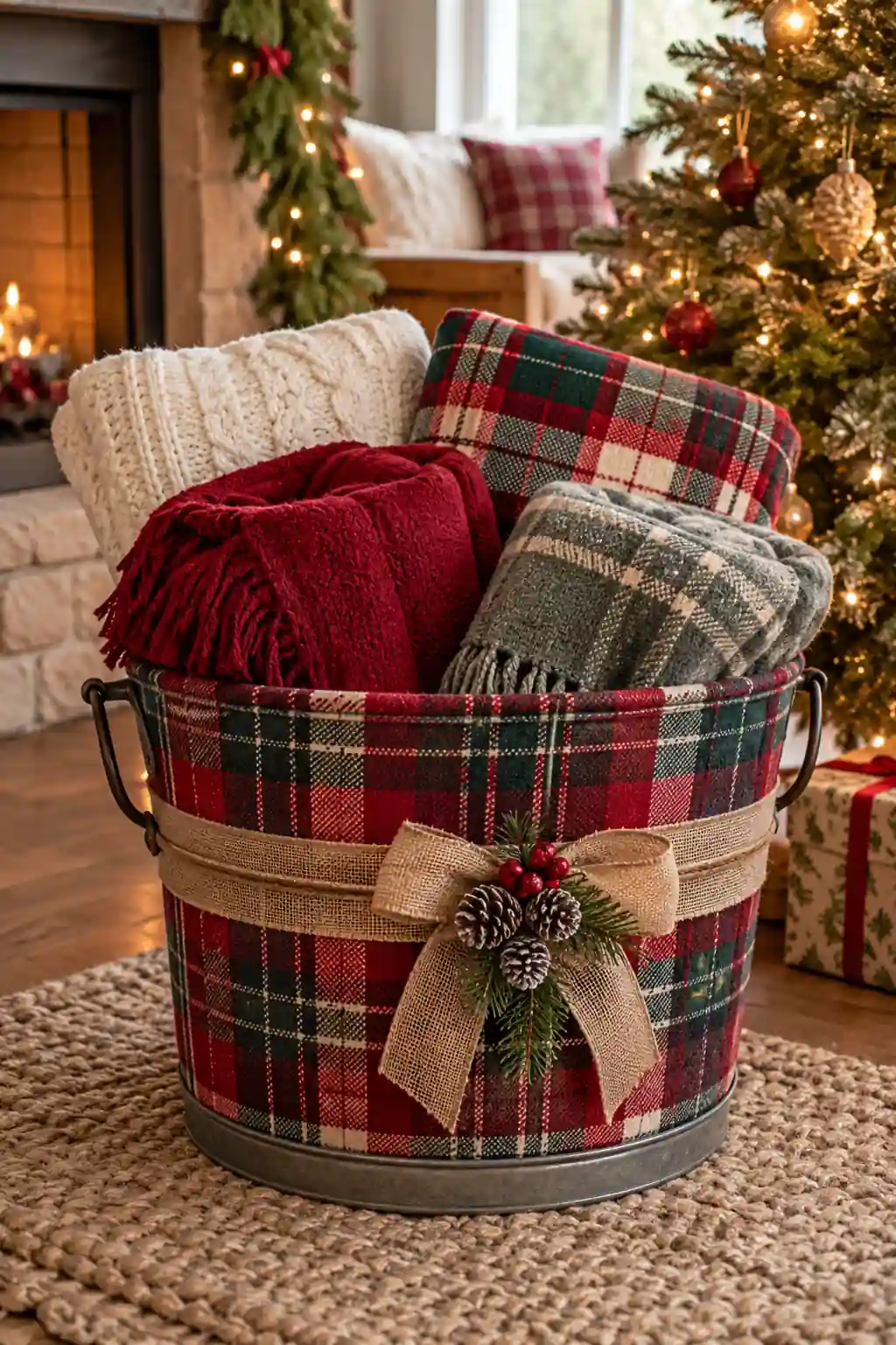 Plaid Blanket Bucket Christmas bucket ideas