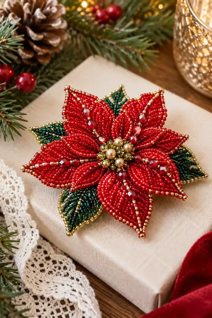 Poinsettia beaded brooch