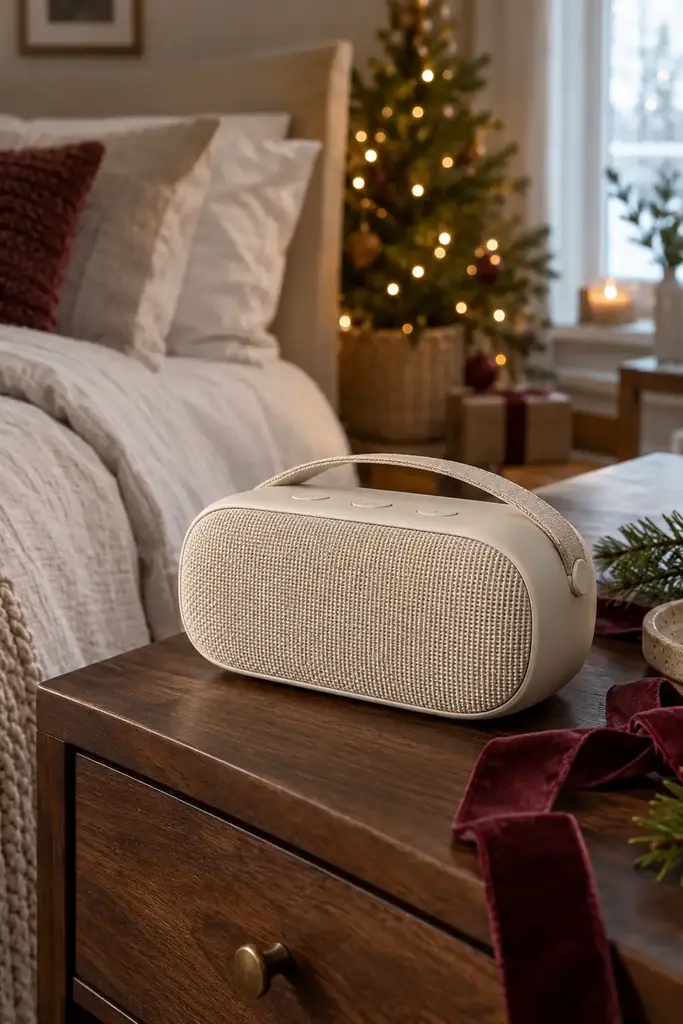Cream fabric portable Bluetooth speaker with a carry handle on a wooden nightstand beside a bed and Christmas tree