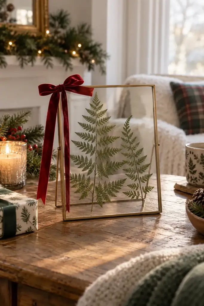 Gold double glass frame holding pressed fern leaves with a red velvet ribbon