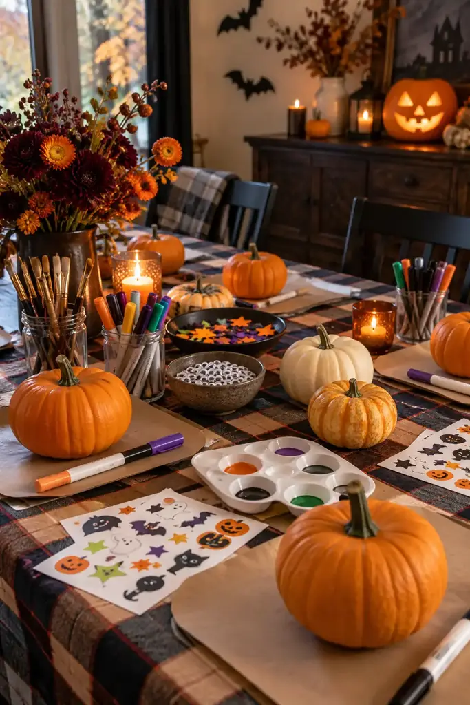 Halloween pumpkin decorating table with small pumpkins, paint markers, brushes and stickers