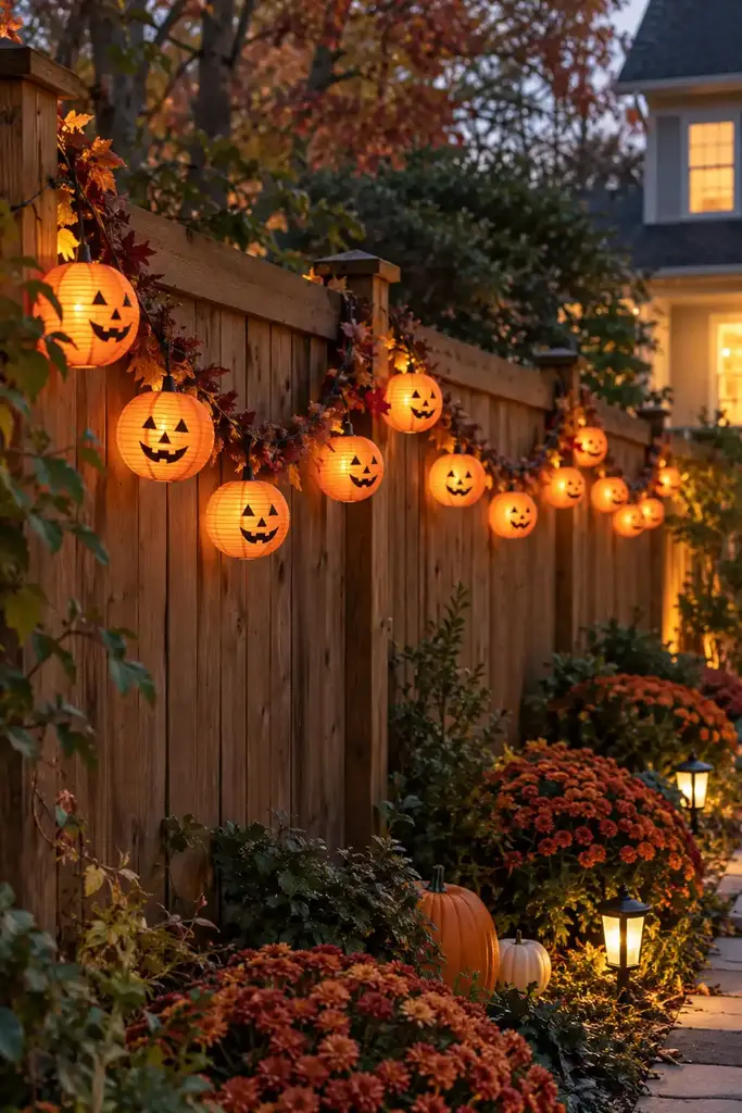 Orange pumpkin shaped lantern garland draped in scallops across a cedar fence