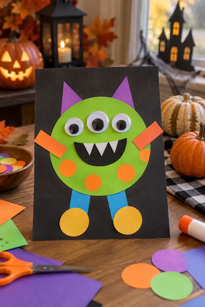 Silly monster collage made from large colorful circles, triangles and rectangles on cardstock