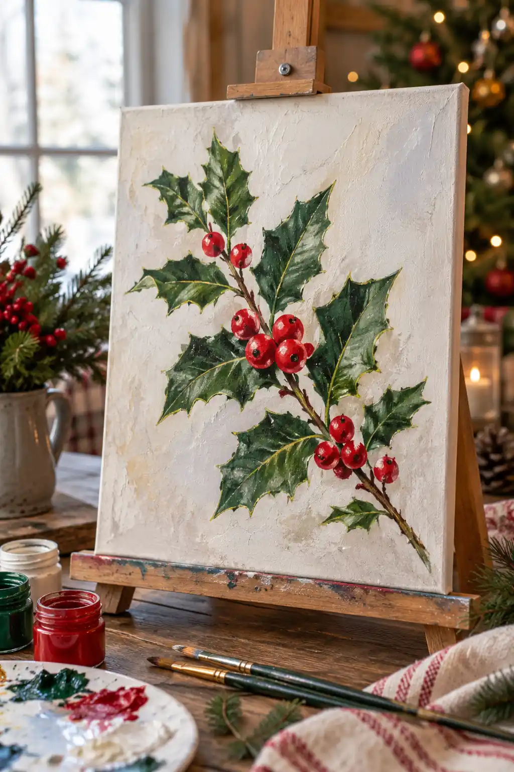 Simple Holly Branch Christmas canvas ideas