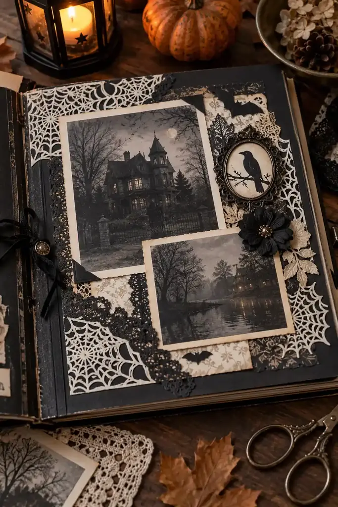Black and ivory Halloween scrapbook page with spiderweb lace cutouts and vintage house photos