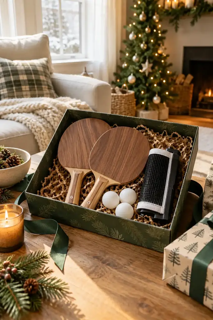 Two wooden table tennis paddles, white balls and a portable net in a green gift box