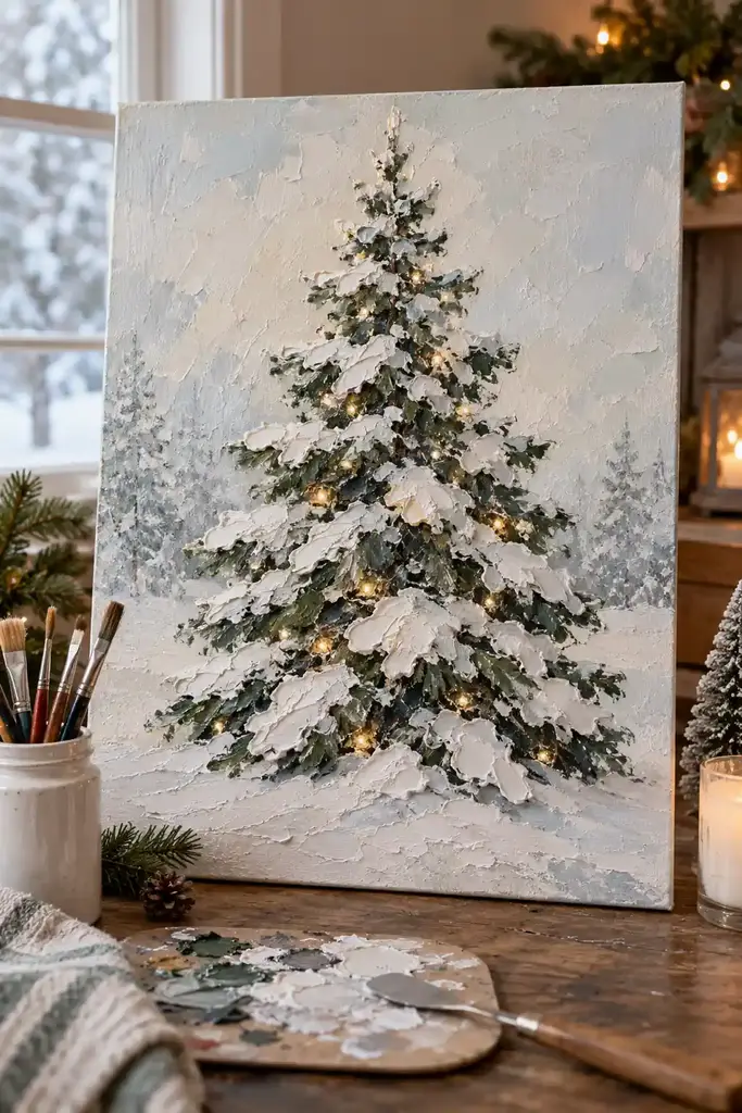 A tall evergreen has thick white snow across its branches