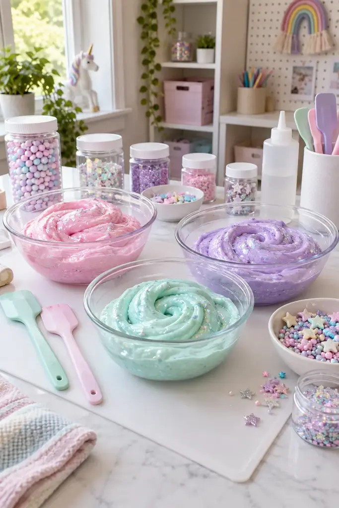 Unicorn pastel slime station with pink, lavender and mint slime swirls and iridescent mix ins