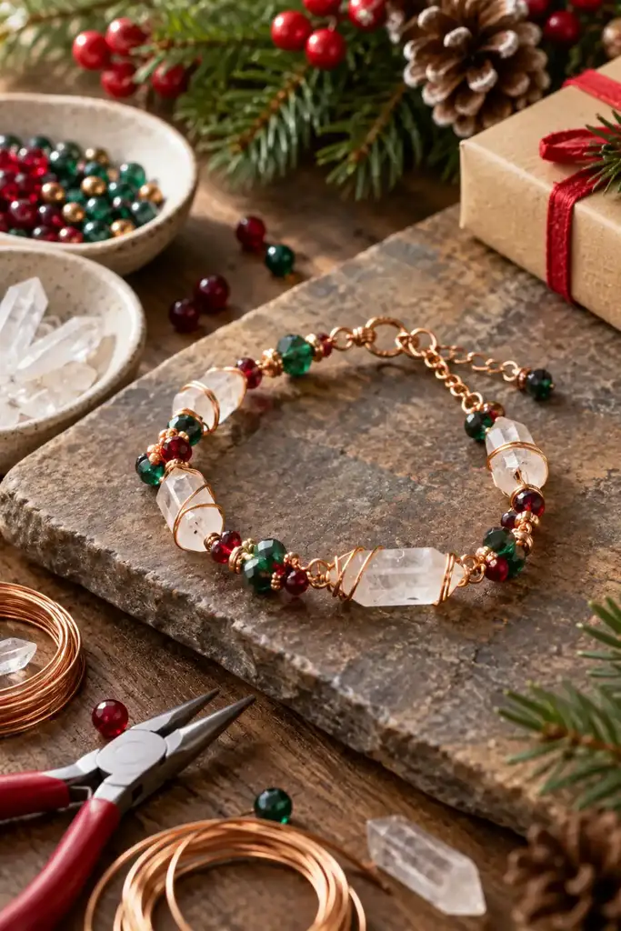 Wire wrapped quartz festive bracelet